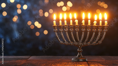 Festive menorah shines with candles, symbolizing celebration and tradition of Hanukkah photo