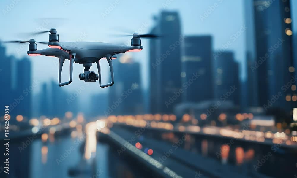 A drone flying over a city skyline, capturing aerial views in a modern urban environment.