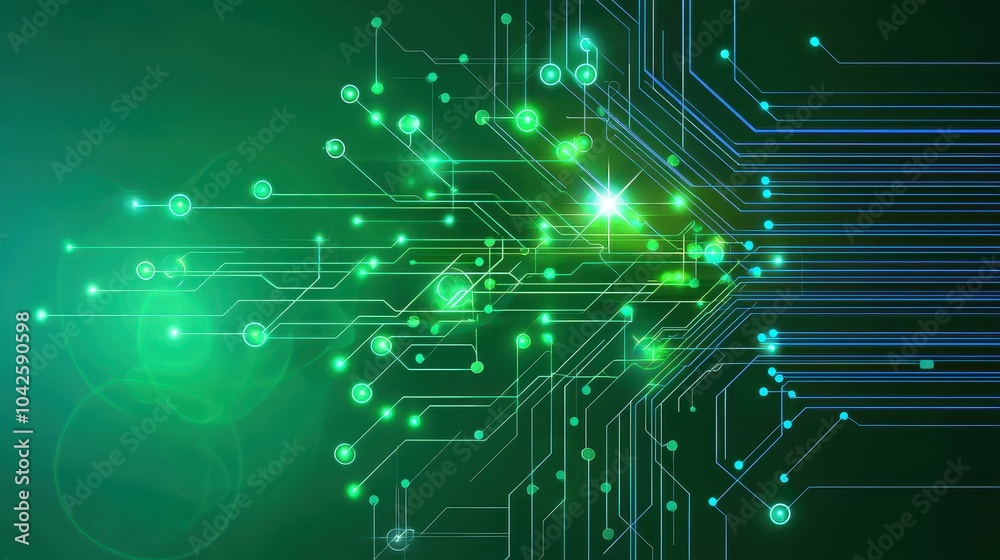 Futuristic green and blue abstract tech design with glowing circuits and interconnected data nodes. Futuristic green and blue abstract tech design with glowing circuits and interconnected data nodes.