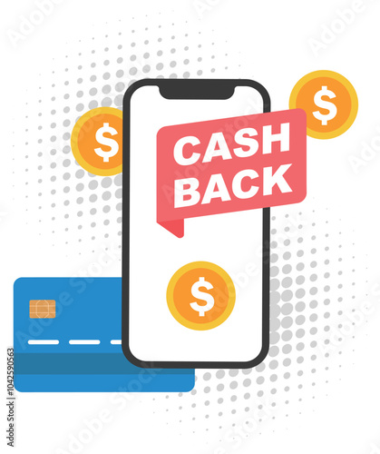 Cashback with smartphone in hand icon in flat style.