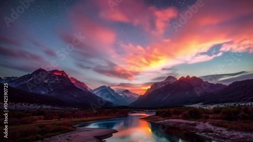 Create a Tranquil Video Trailer Featuring Majestic Mountains and a Serene River at Twilight with a Magical Sky