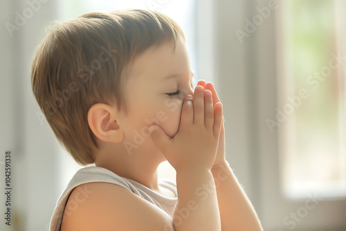 Little boy with hands covering his mouth and nose in the house or living room. Copy space.