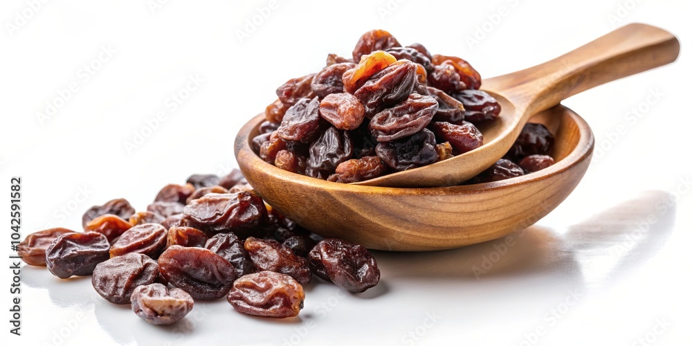 A wooden bowl overflowing with plump, sun-kissed raisins, nestled beside a wooden spoon, ready to add sweetness and texture to any dish. A wooden bowl overflowing with plump, sun-kissed raisins, nestled beside a wooden spoon, ready to add sweetness and texture to any dish.