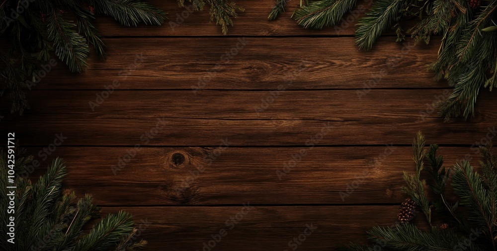 A rustic wooden background framed by evergreen branches, ideal for seasonal designs. A rustic wooden background framed by evergreen branches, ideal for seasonal designs.