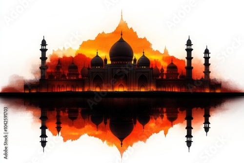 Watercolor painting of a mosque at sunset, with soft washes of color creating a peaceful and serene Ramadan scene photo