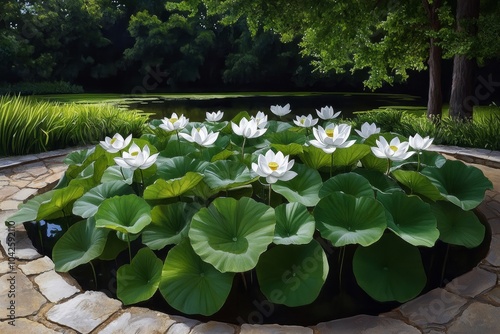 Watercolor painting of the gardenâ€™s lotus pond, with soft greens and blues blending to create a peaceful, dreamlike scene photo