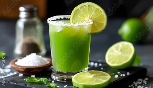 Refreshing green drink with lime slices and garnish a perfect blend of flavor and zest for any occasion