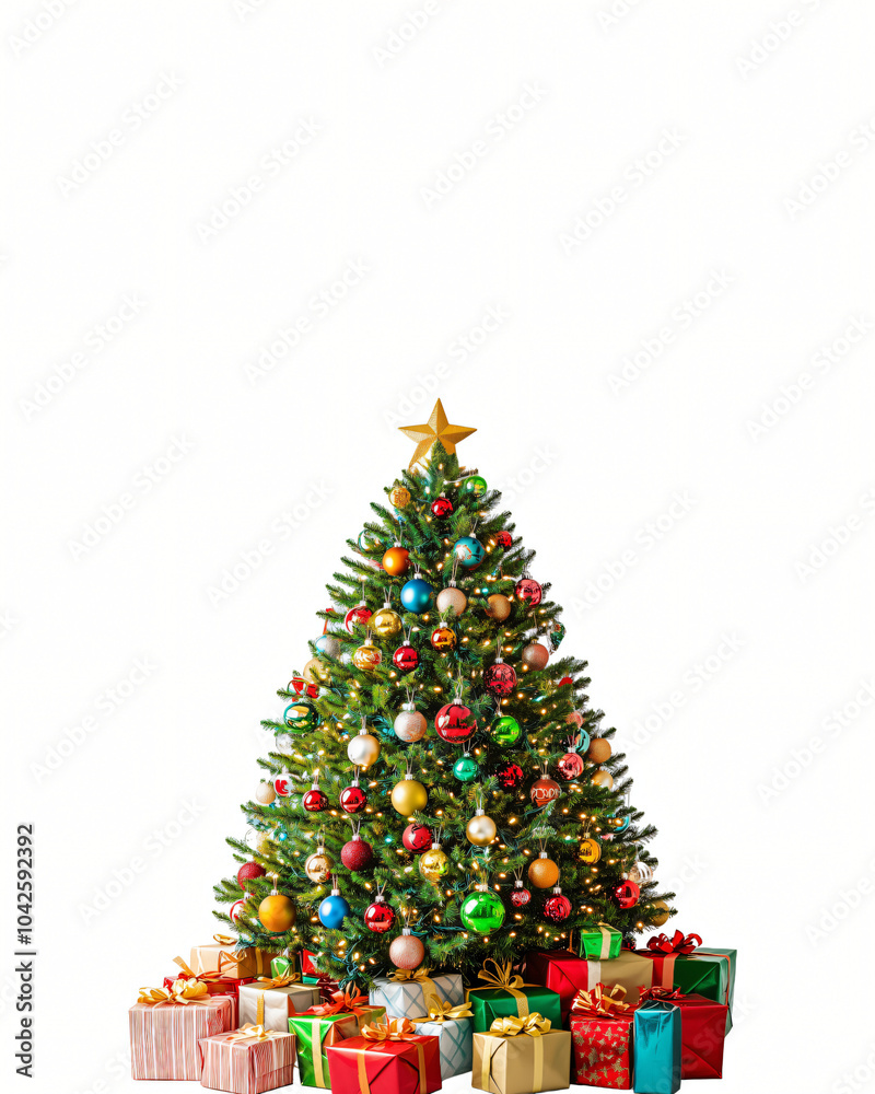 A festive illustration of a decorated Christmas tree surrounded by colorful gifts and presents, capturing the joy of the holiday season A festive illustration of a decorated Christmas tree surrounded by colorful gifts and presents, capturing the joy of the holiday season