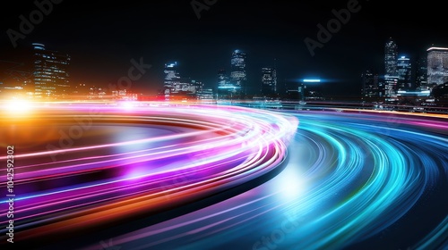 Red, green, and blue light streaks across a technology background, representing fast data transmission.