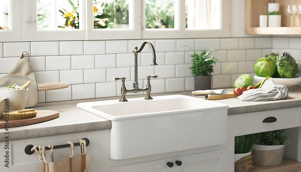 Farmhouse sink in white kitchen, natural light, rustic design, modern country house, copy space. Farmhouse sink in white kitchen, natural light, rustic design, modern country house, copy space.