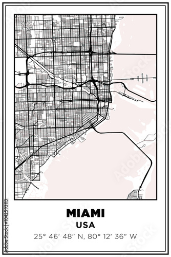 Black and white printable Street map art Miami city, USA. Travel poster with coordinates, poster design, Modern Poster Wall Art Home Decor Ready to Printable