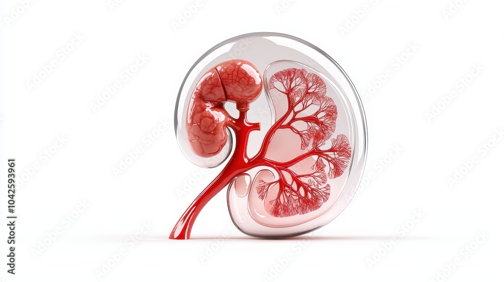 Fototapeta premium Transparent view of the kidney anatomy, showing the internal structure of the cortex and renal arteries on a white background.