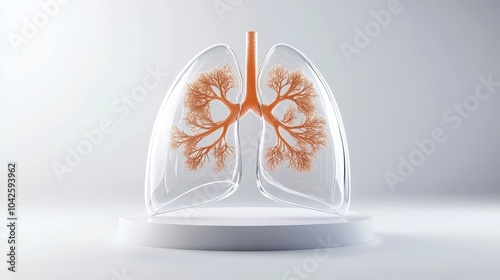 Transparent lungs anatomy with the bronchial tree and alveoli highlighted, displayed on a white background.
