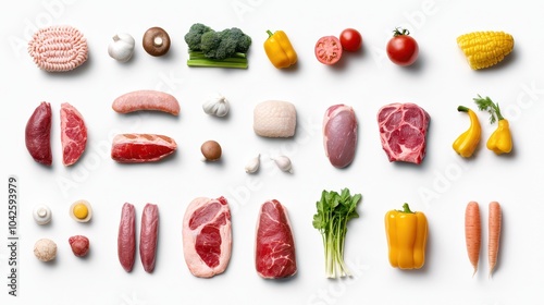 Wallpaper Mural Various types of raw foods, including vegetables and meats, arranged on a white background for healthy eating concepts. Torontodigital.ca