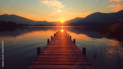 Charming wooden dock extending into a tranquil lake at sunset with silhouettes of mountains in the background enhancing the beauty