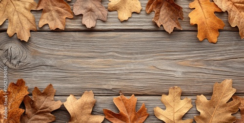 A rustic wooden surface framed by autumn leaves, evoking a seasonal atmosphere.