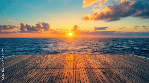 A serene sunset over the ocean viewed from a wooden deck.