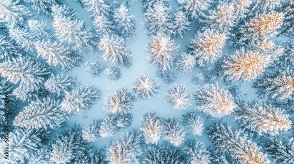 Aerial view of snow-covered pine trees in a winter landscape. Aerial view of snow-covered pine trees in a winter landscape.