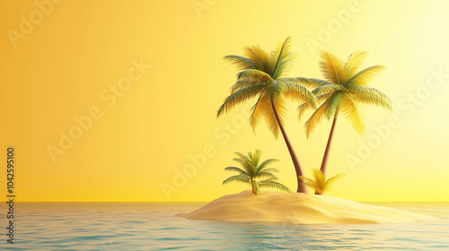 3D style, cartoon, island, coconut trees, travel scenery, free space for text on right side, yellow background 