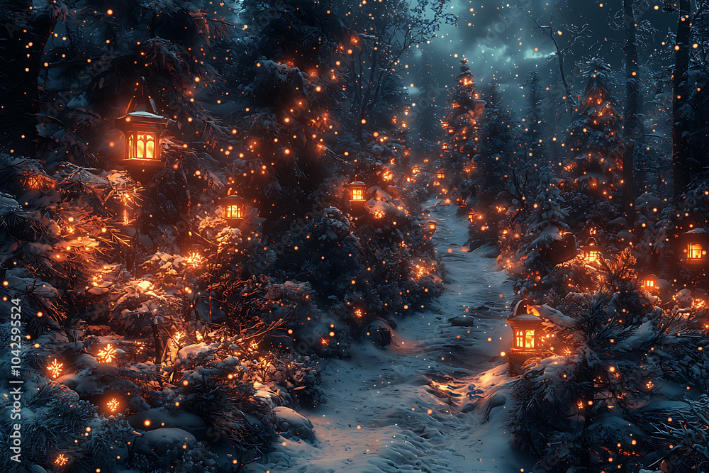 magical snowy forest path illuminated by glowing lanterns creates serene winter atmosphere. soft snowfall adds to enchanting scene, inviting exploration and wonder