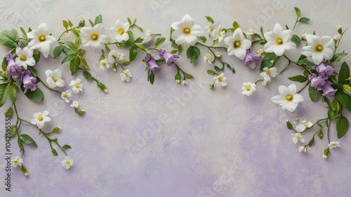 A decorative arrangement of white and purple flowers on a soft pastel background.