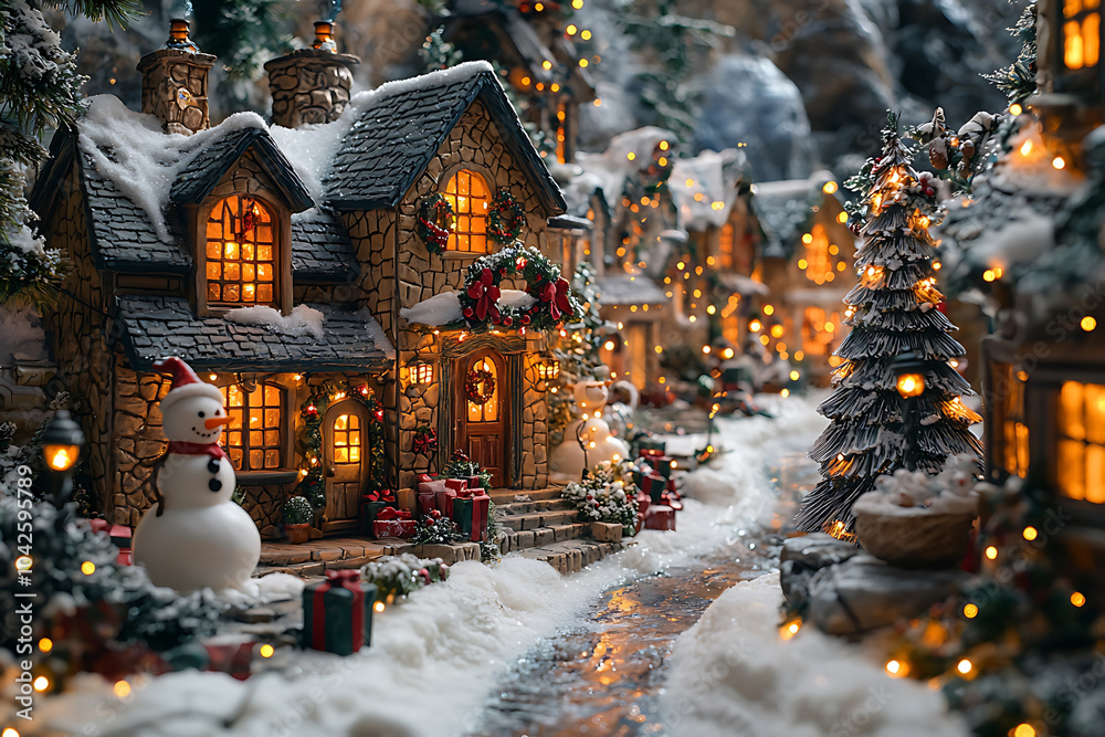 Fototapeta premium charming winter village scene featuring cozy cottages adorned with festive decorations, twinkling lights, and cheerful snowman. snowy landscape creates magical holiday atmosphere