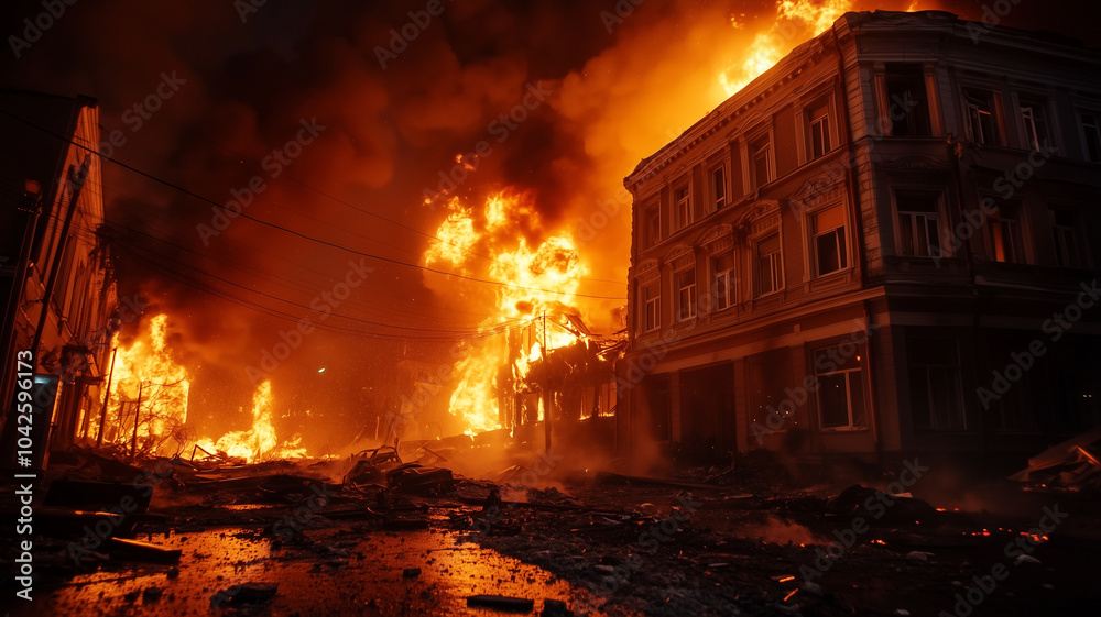 A massive fire engulfs buildings in an urban setting at night. Intense flames illuminate the surroundings, creating a dramatic and dangerous scene. A massive fire engulfs buildings in an urban setting at night. Intense flames illuminate the surroundings, creating a dramatic and dangerous scene.