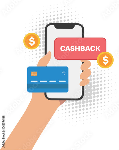 Cashback with smartphone in hand icon in flat style.