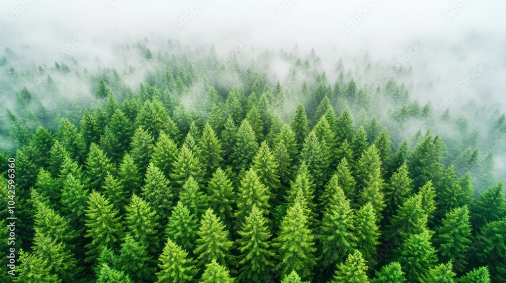 Aerial view of dense evergreen trees shrouded in mist, showcasing natural beauty. Aerial view of dense evergreen trees shrouded in mist, showcasing natural beauty.