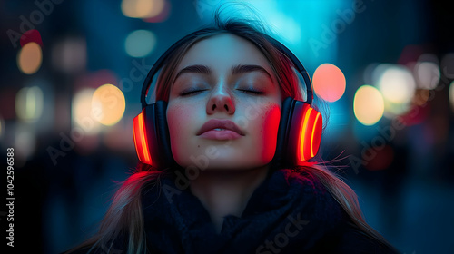 A young woman enjoying musi...
