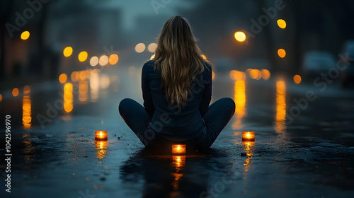 A serene figure sits on a w...
