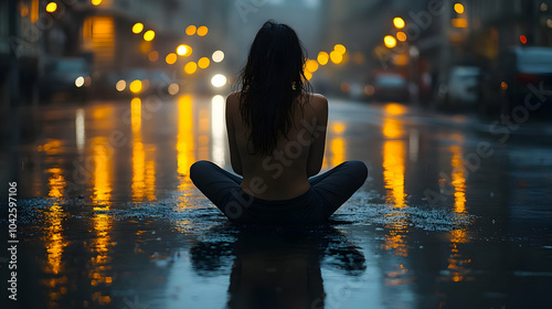 A woman sitting in rain on ...