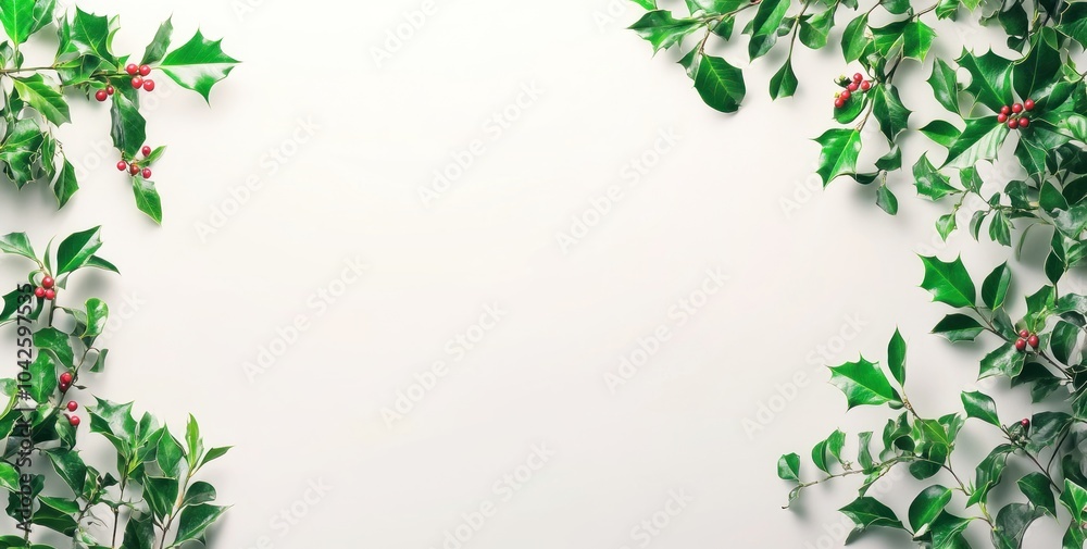 A minimalistic background framed with holly leaves and berries. A minimalistic background framed with holly leaves and berries.