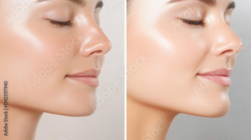 Before and after of dull, uneven skin tone transforming into a glowing, balanced complexion after vitamin C serum photo