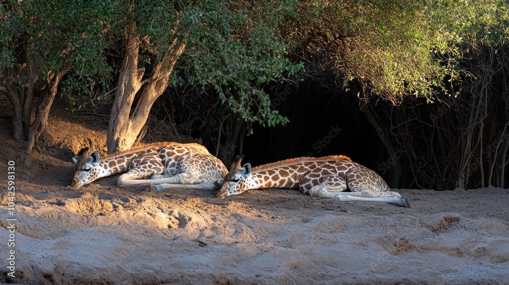 Two giraffes resting on sandy ground near trees in a serene environment. Two giraffes resting on sandy ground near trees in a serene environment.