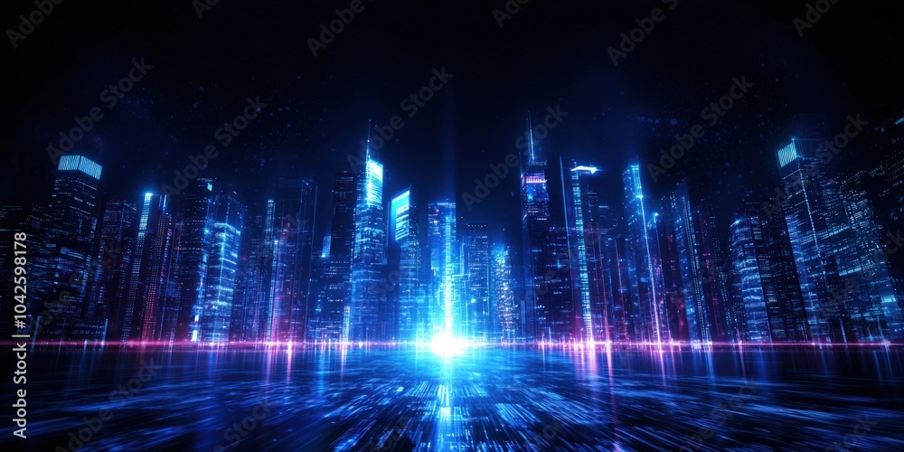 Futuristic cityscape with glowing neon lights and digital data streams. Futuristic cityscape with glowing neon lights and digital data streams.