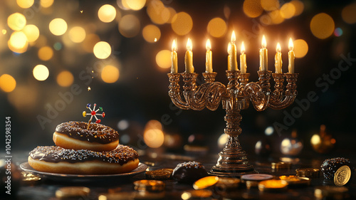 Festive Hanukkah celebration with menorah, delicious donuts, and decorated chocolate coins photo