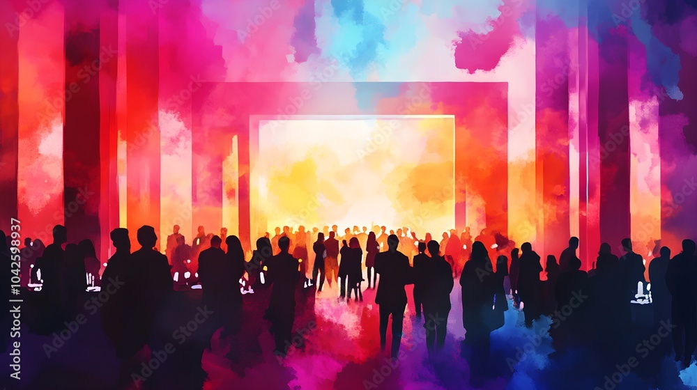 Obraz premium Silhouettes of People at a Glowing Event Watercolor Painting