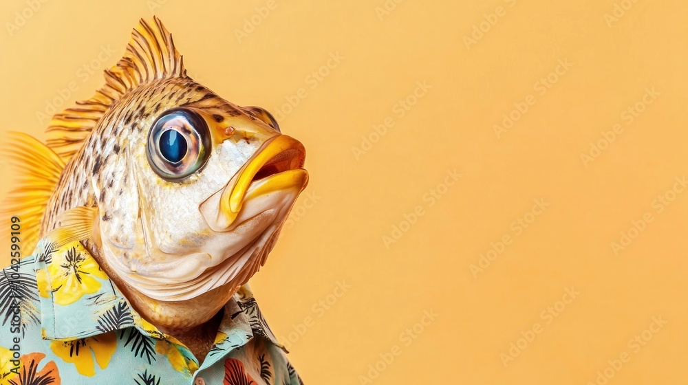 A whimsical fish wearing a Hawaiian shirt against a bright orange background. A whimsical fish wearing a Hawaiian shirt against a bright orange background.