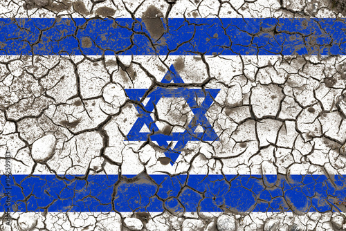 A cracked Israeli flag symbolizing environmental challenges, political fragility, and climate change in the Middle East