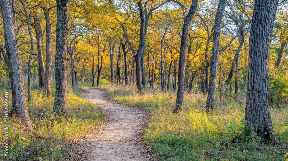 Fototapeta premium A winding path through a serene forest with autumn foliage.