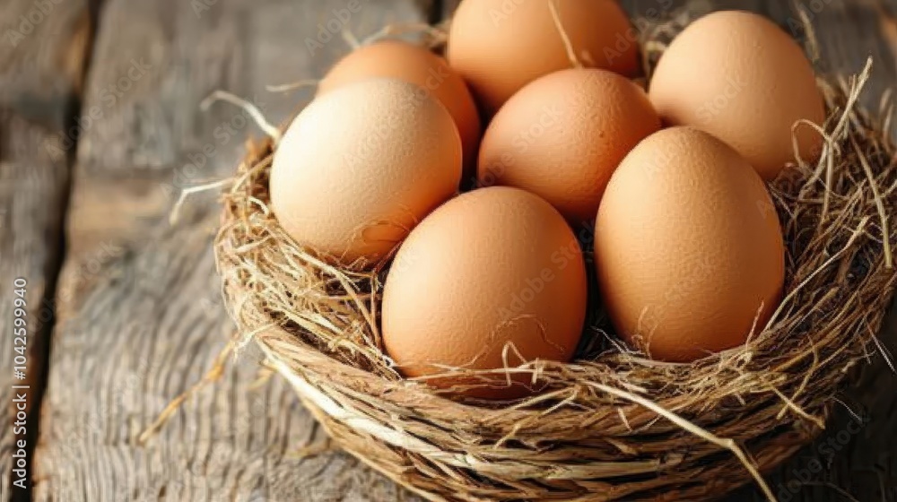 Fresh Brown Eggs in Rustic Basket on Wooden Surface Fresh Brown Eggs in Rustic Basket on Wooden Surface