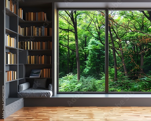 Forest view through modern window, bookshelves, grey wall, reading seat, minimalist house, daylight.