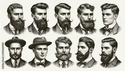 man portraits, different vintage hairstyles, beards, and mustaches sketch engraving. Black and white image.