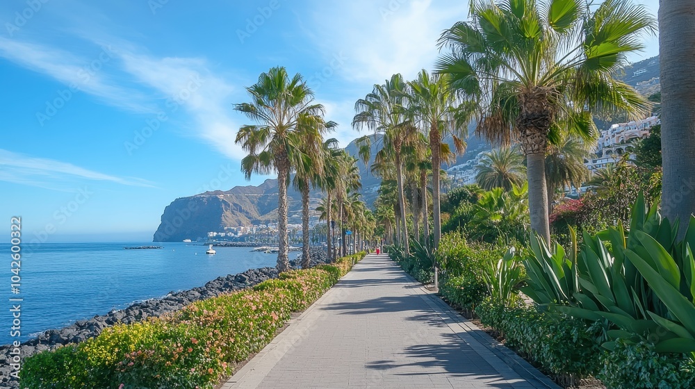 Fototapeta premium Serene Coastal Promenade with Lush Palm Trees