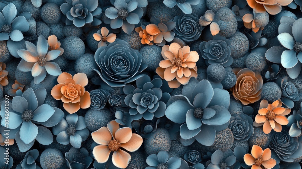 A seamless pattern of blue and orange paper flowers. A seamless pattern of blue and orange paper flowers.