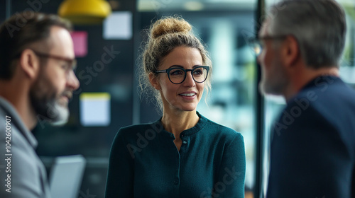 middle age woman discuss with her patner team in office photo