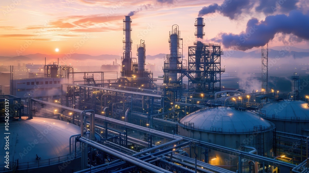 Large Factory Complex with Cylindrical Tanks at Sunset Large Factory Complex with Cylindrical Tanks at Sunset