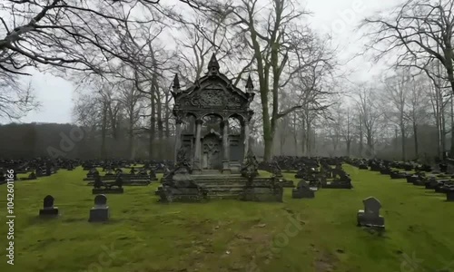 Spooky Halloween Gothic Cemetery: Ornate Mausoleums in Misty Atmosphere
