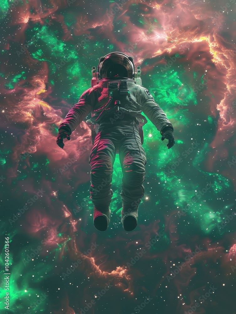Fototapeta premium Spaceman Floating in Psychedelic Green Nebula